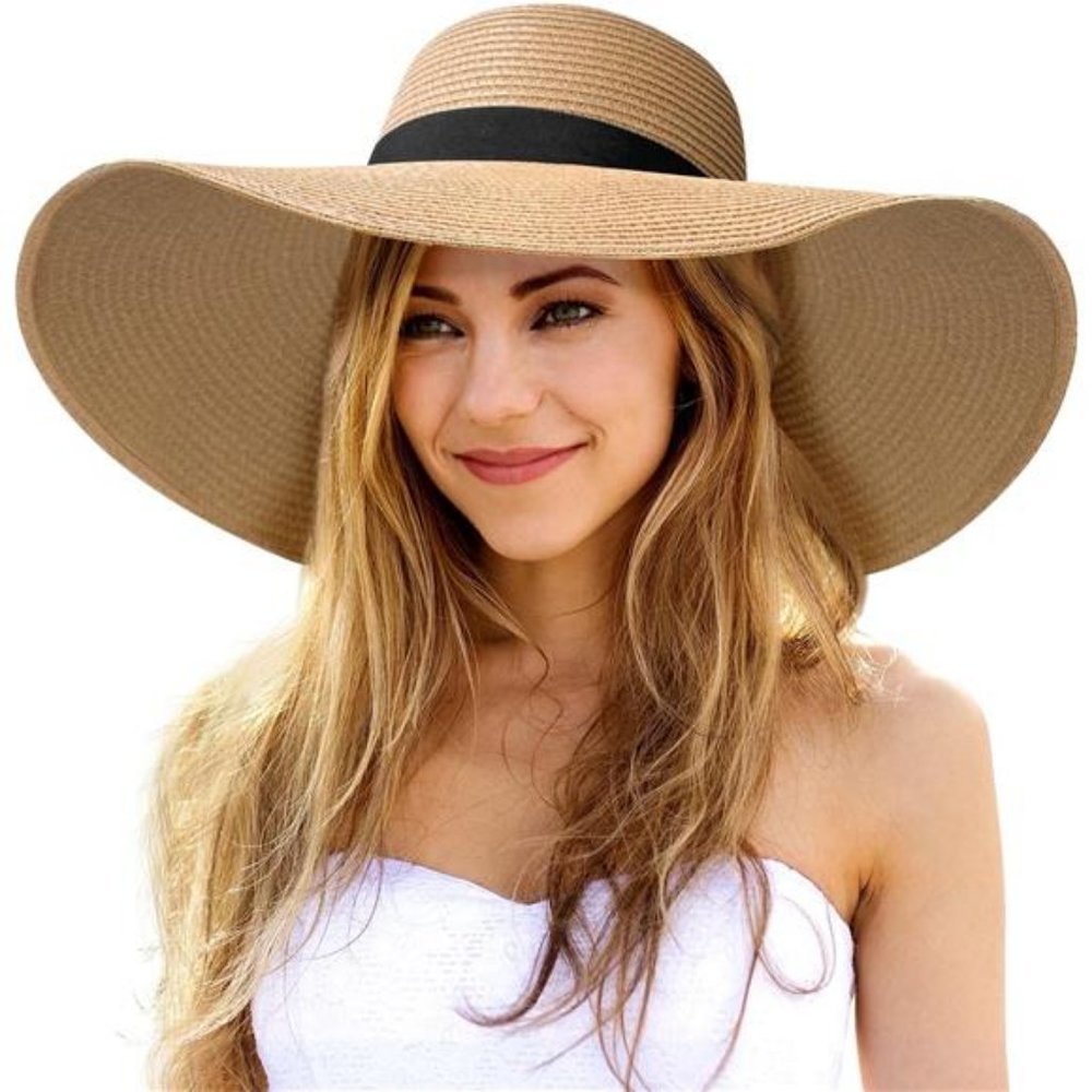 Womens Sun Hat UV Protection Wide Brim Beach Hat Floppy Foldable Straw Hats - Picture 1 of 7